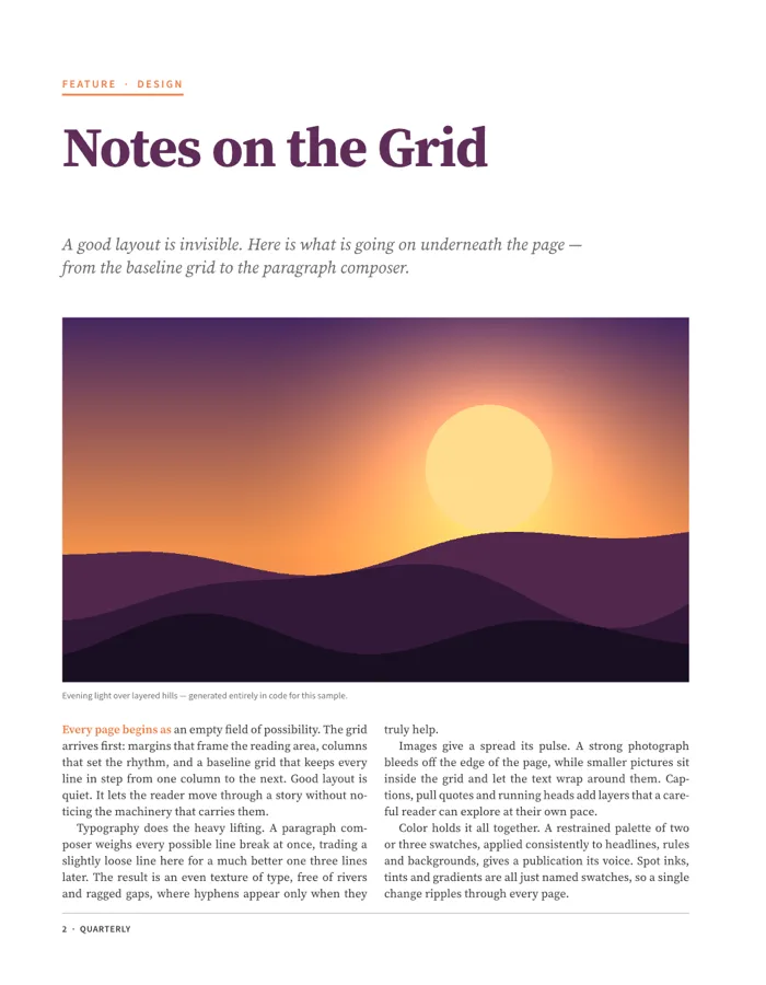 A magazine interior page set by DesignCraft: multi-column body text with a wrapped image and hanging punctuation at the optical margin